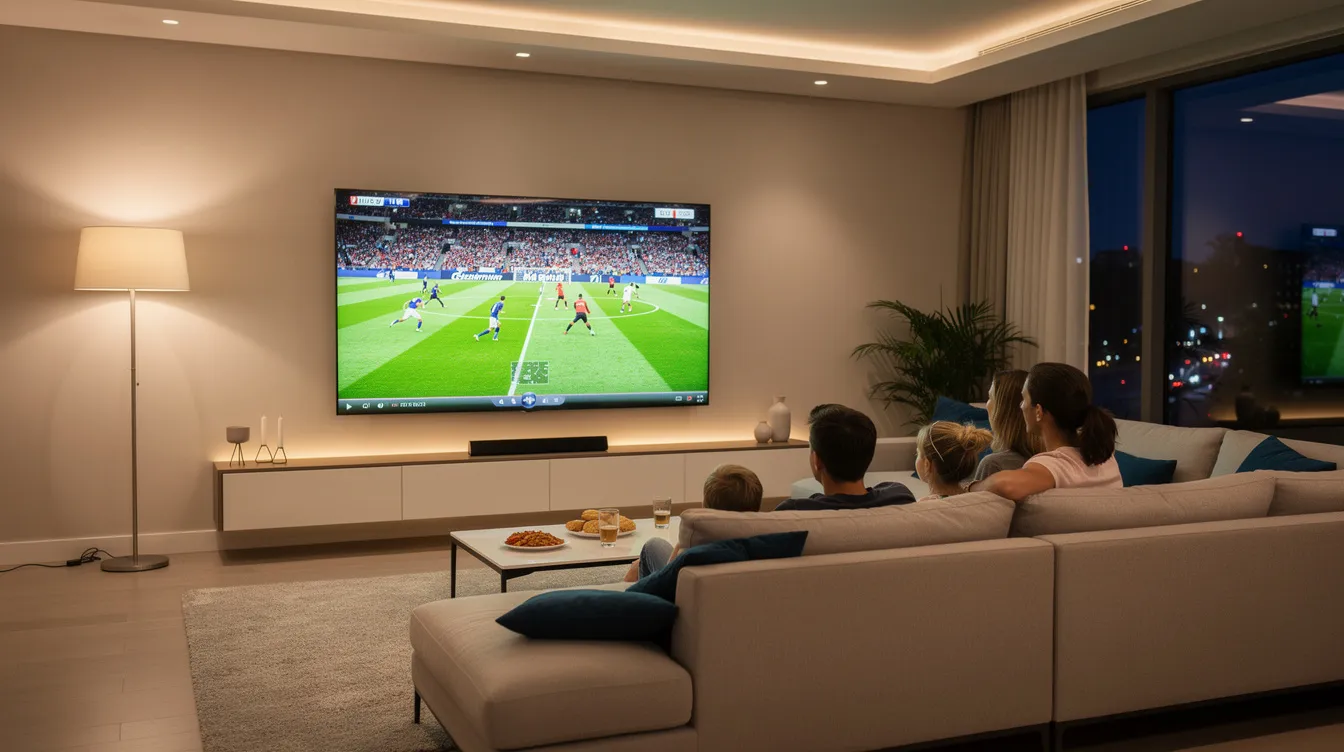 A modern living room features a family gathered around a large flat-screen TV, which is displaying a vivid sports broadcast, showcasing the excitement of live sports. The scene highlights the enjoyment of watching live TV channels through IPTV services, emphasizing the quality of the streaming experience.