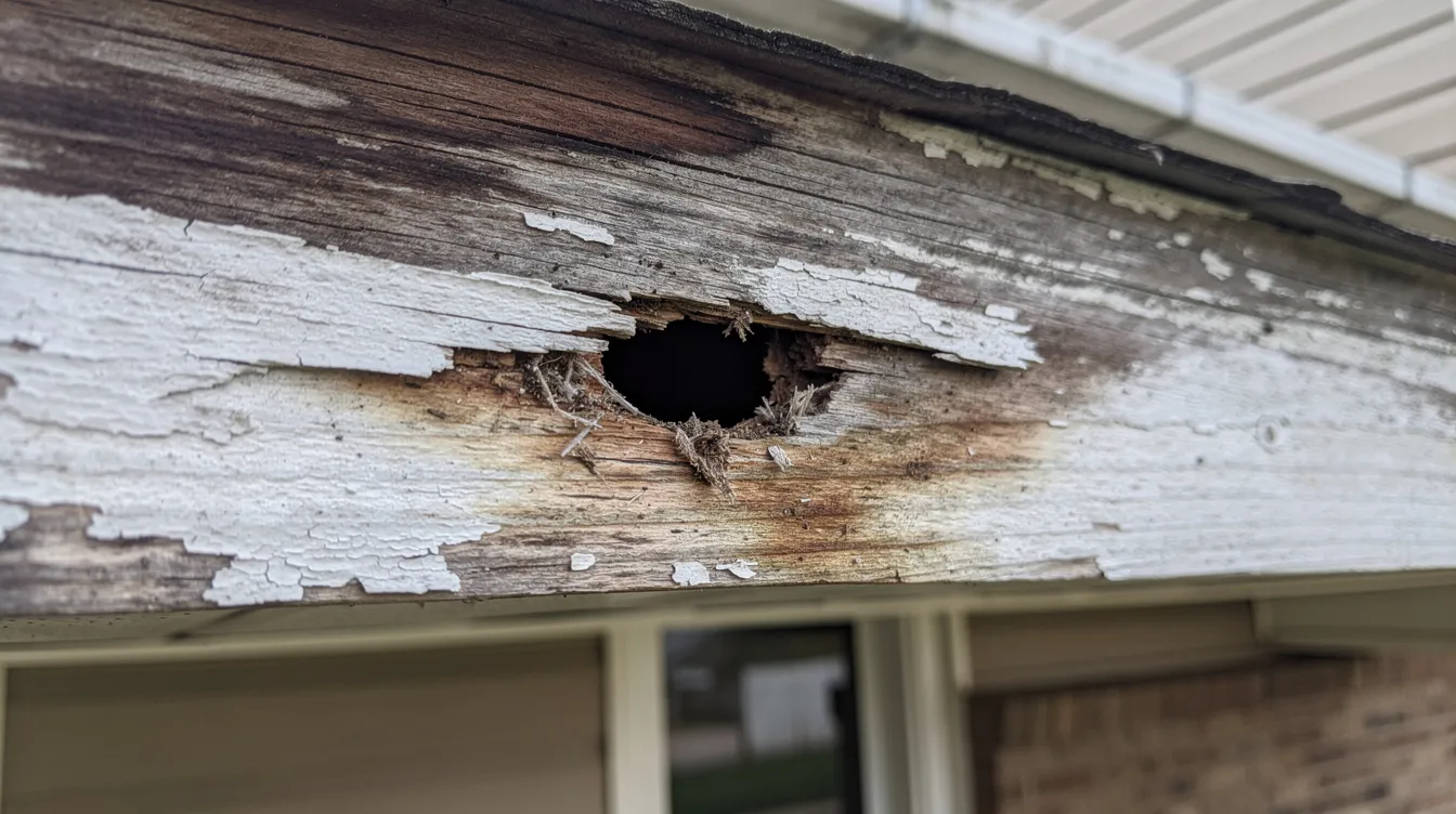 The image shows a close-up view of a damaged wooden soffit featuring a visible hole, which may serve as an entry point for common attic pests like roof rats and flying squirrels. This structural damage can lead to increased rodent activity, attracting larger wildlife and posing potential health risks due to contamination and future infestations.