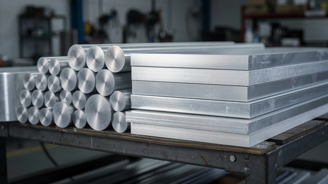 The image features a variety of aluminum billets and plates of different alloy grades neatly stacked on a workshop shelf, showcasing the versatility of aluminum alloys used in CNC machining processes. These materials are essential for producing CNC machined aluminum parts with excellent corrosion resistance and mechanical properties for various industrial applications.