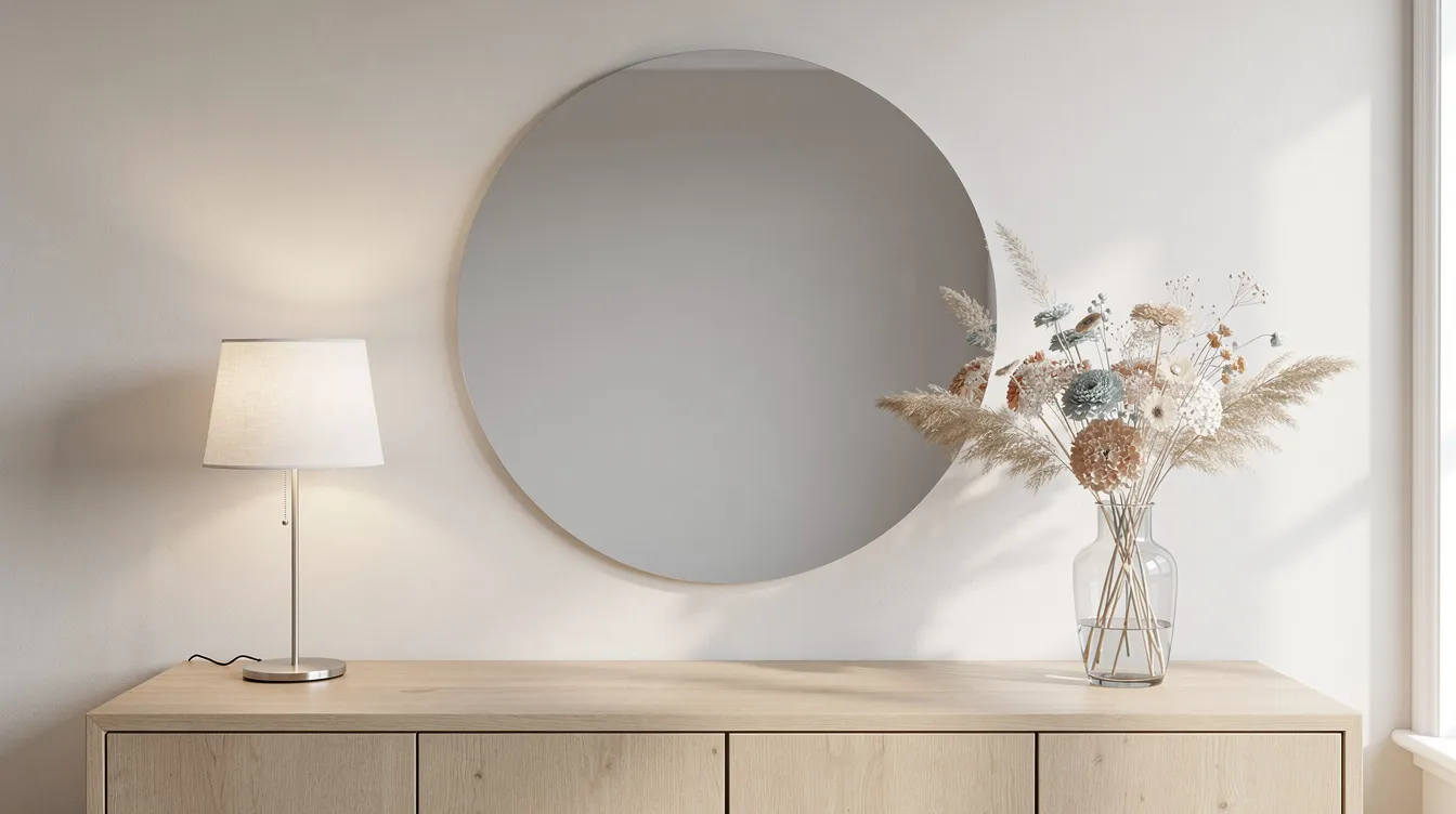 En ljus ekbyrå med sex lådor står under en spegel, omgiven av en bordslampa och torkade blommor i en glasvas. Denna praktiska förvaringsmöbel hjälper till att hålla ordning och reda i olika rum i hemmet.