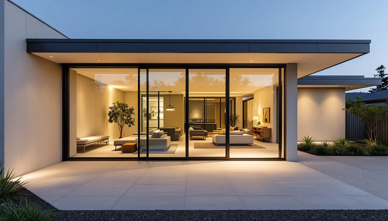 Het beeld toont de moderne buitenkant van een woning met grote aluminium schuifpuien die naadloos zijn geïntegreerd in de hedendaagse architectuur. De aluminium kozijnen bieden een stijlvolle en functionele uitstraling, terwijl de pui volledig open kan om een mooie verbinding met de buitenruimte te creëren.