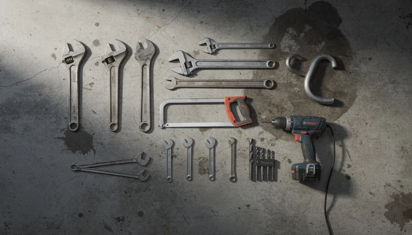 An array of plumbing tools, including wrenches, a drill, and a hacksaw, is neatly laid out on a concrete garage floor, ready for installation tasks such as replacing a toilet flange or securing a watertight seal on a bathroom floor. The tools are essential for ensuring a proper fit and preventing leaks when installing a new wax ring or closet bolts.