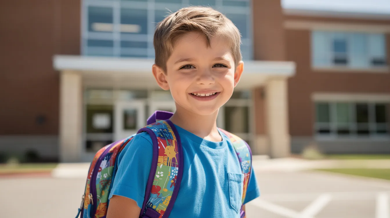 A confident child with a backpack stands outside a school building, smiling brightly. This image reflects the positive self-esteem and readiness for learning that many children, including those with learning disabilities, experience as they embark on their academic journey.