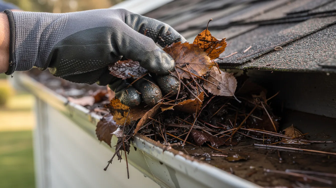 A close-up view shows gloved hands carefully removing wet leaves and pine needles from a residential gutter channel, highlighting the essential process of gutter cleaning to prevent clogged gutters and ensure proper drainage. This thorough cleaning is crucial for homeowners to protect their property from potential water damage.