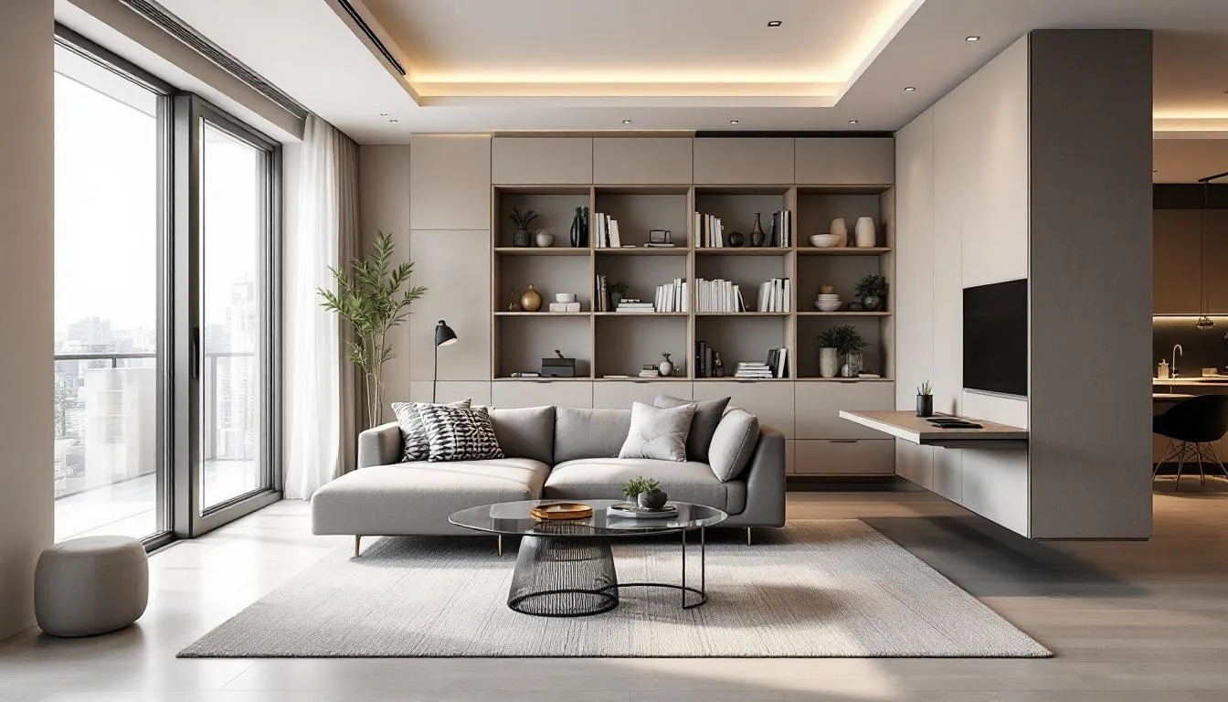 A living room transformed into a multi functional space for work and leisure.