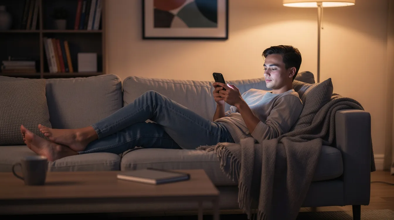 A person is comfortably seated on a couch, looking relaxed while using their smartphone to complete an online task, possibly earning extra income through a survey platform or exploring secret websites to make money online. The scene conveys a sense of ease and engagement in activities that can generate passive income or extra cash.
