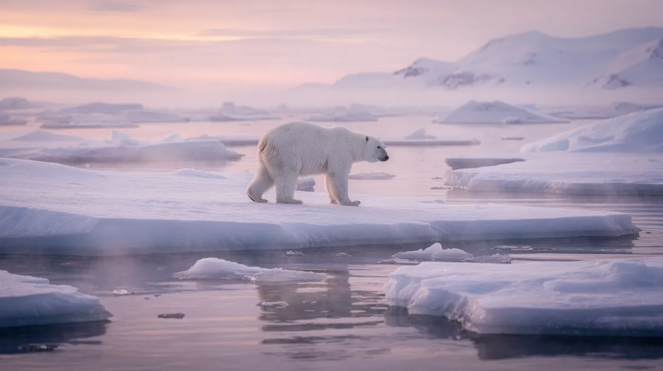 4a1db15b a03d 4bae bf3c 0f163f3e077b A polar bear, an iconic species and Canada's national animal, is walking across the sea ice under a soft pink twilight sky in the Arctic. This scene captures the majestic beauty of wild animals in Canada as they navigate their natural habitat.