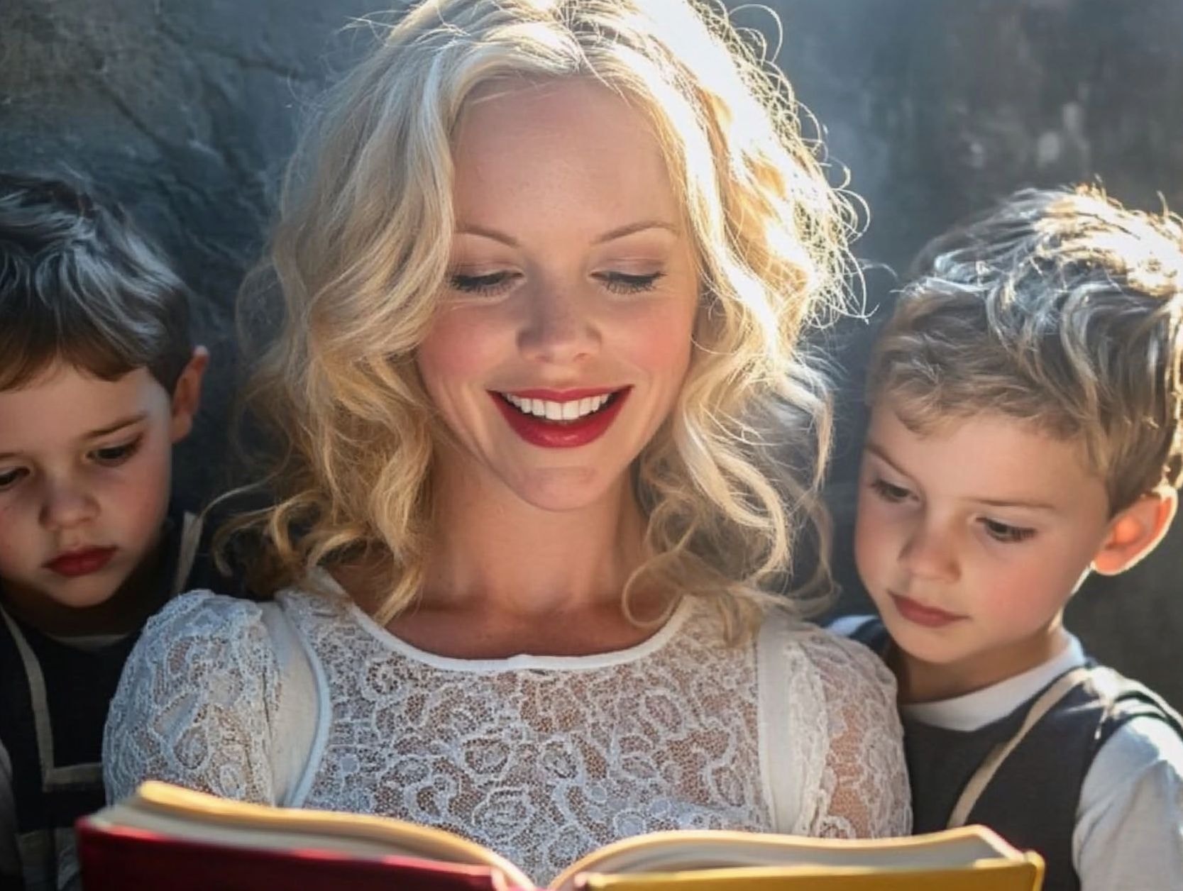 Blonde woman reading other collections of stories to two small children