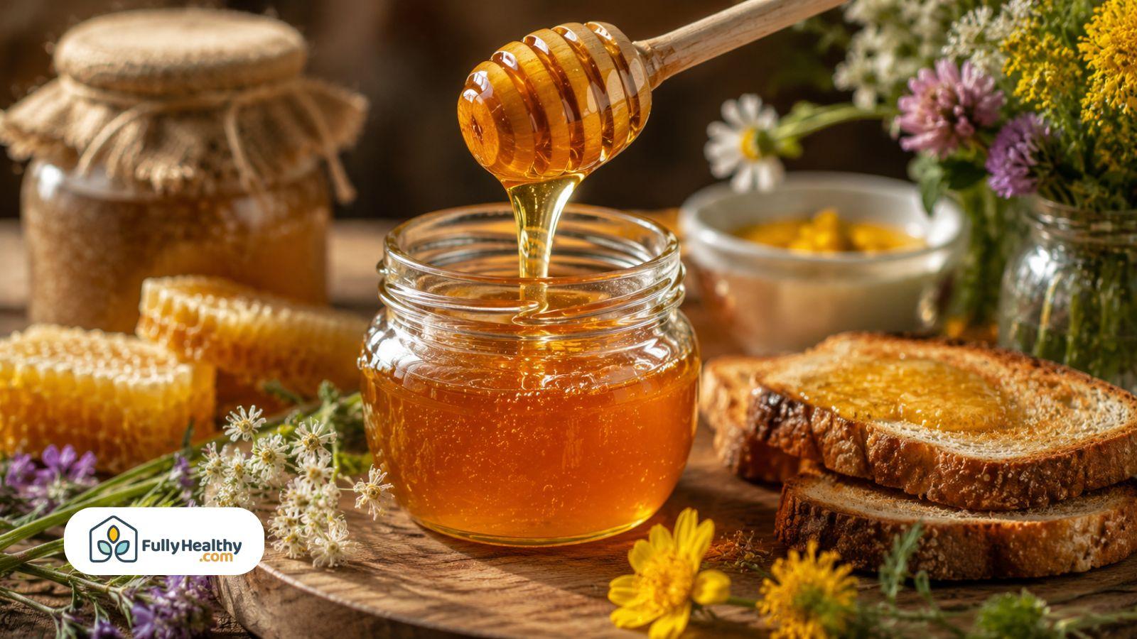 Fresh raw honey dripping into jar beside toast and wildflowers