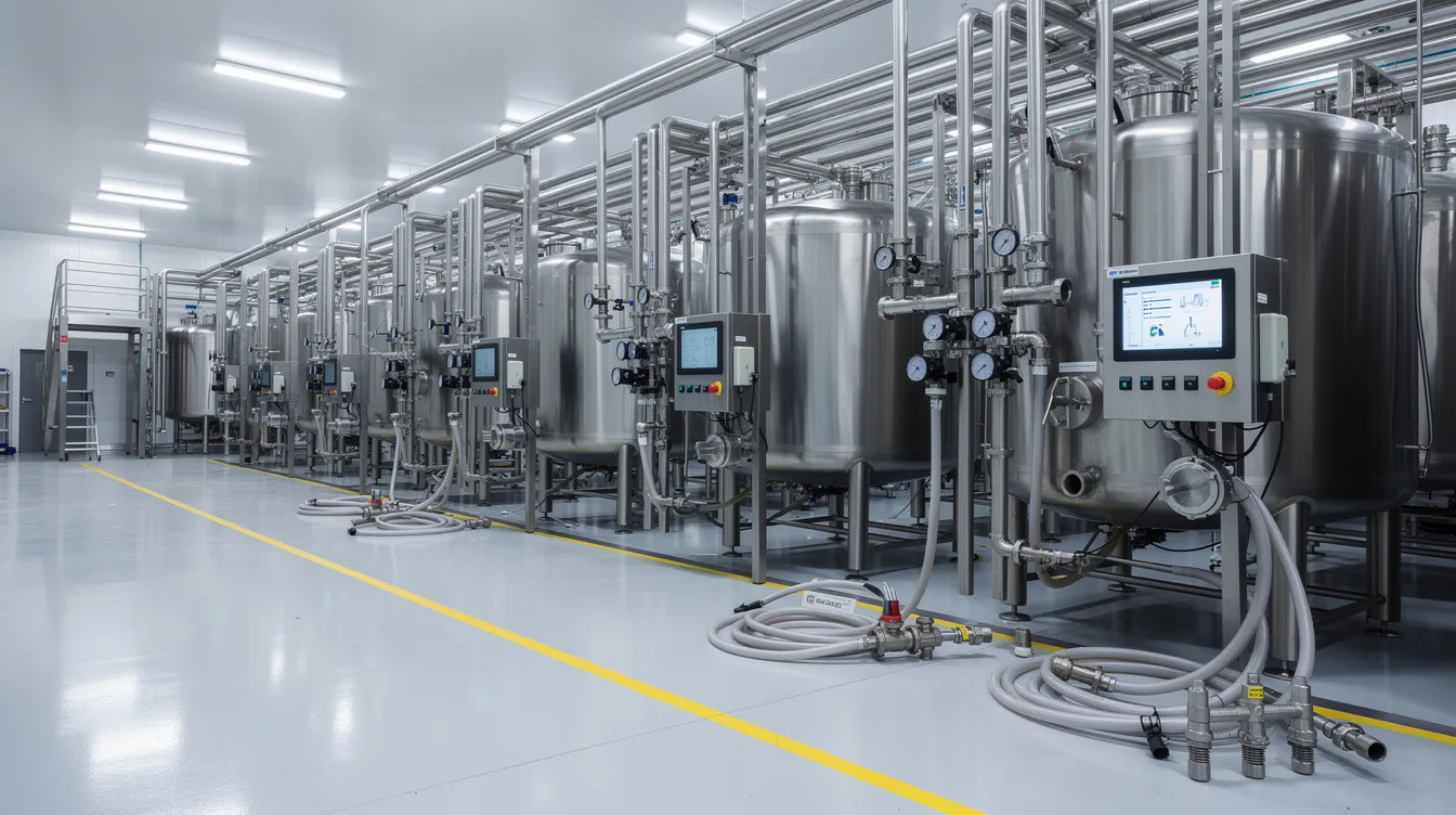 The image depicts the interior of a modern dairy processing facility, featuring shiny stainless steel tanks and intricate piping systems essential for the production of milk powder and whey protein isolate. This well-organized manufacturing plant emphasizes quality control and operational efficiency, crucial for meeting the rising demand for protein drinks and flavored milk products.