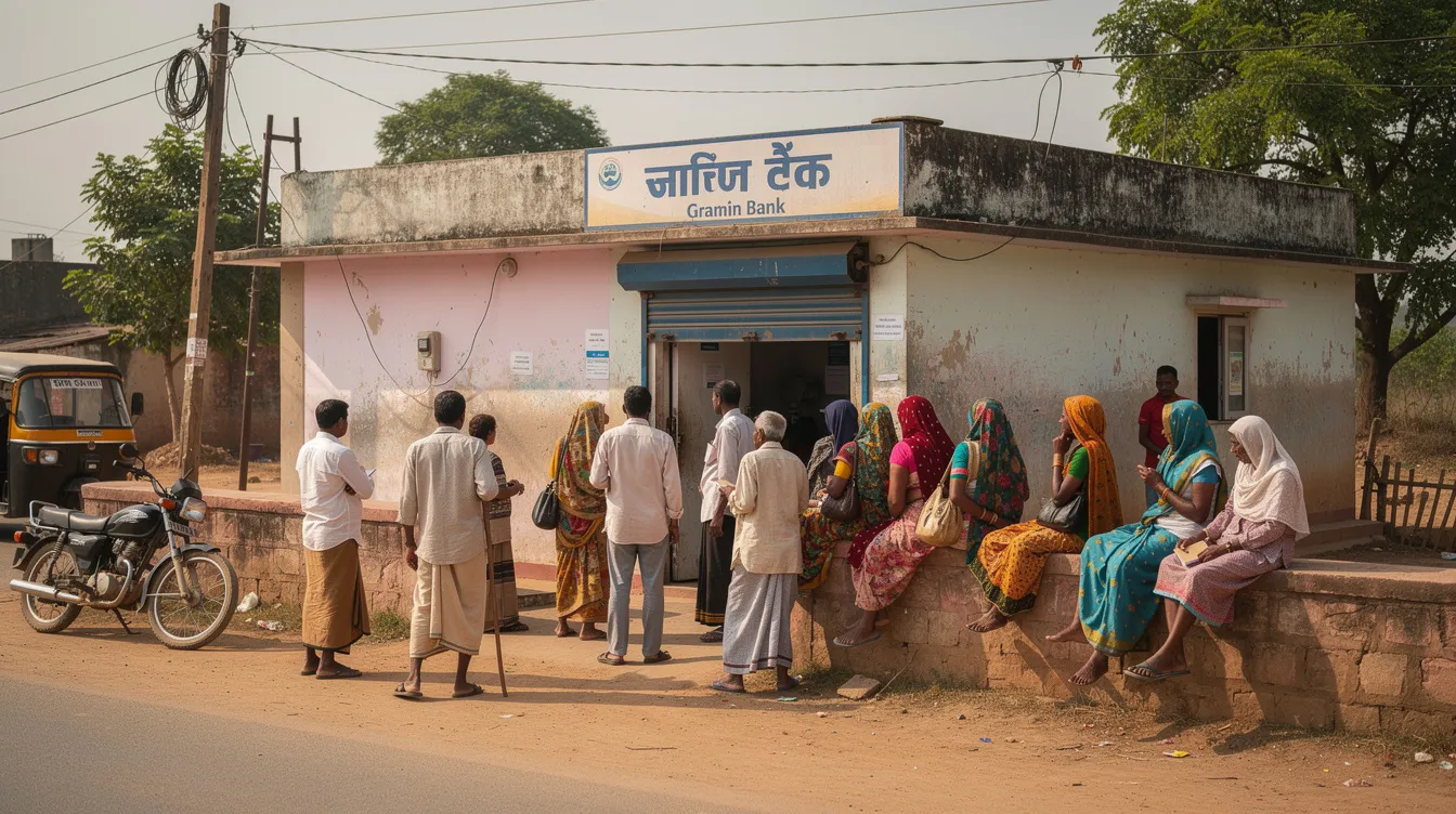 The image depicts a rural Indian bank branch with a group of people waiting outside, likely seeking financial assistance for their small and micro businesses. This setting highlights the importance of public sector banks in providing mudra loans and supporting local entrepreneurs in their financial needs.