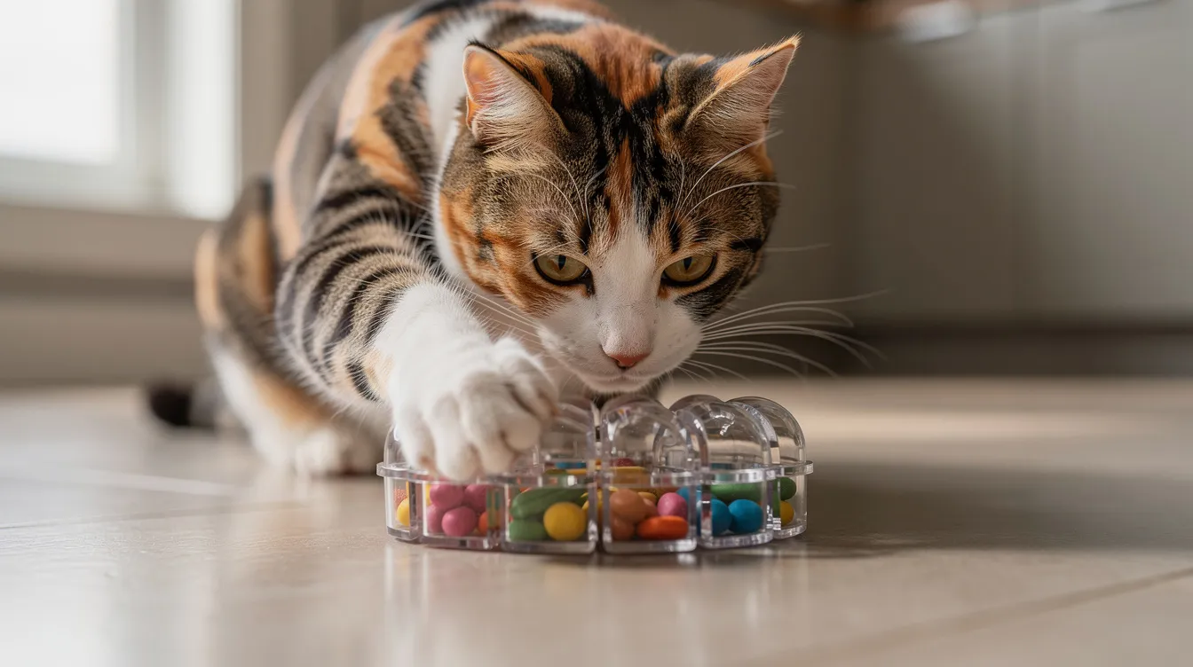 A curious calico cat is playfully pawing at an interactive puzzle feeder toy on the kitchen floor, with treats visible inside, showcasing the cat's interest and engaging its natural hunting instincts. This type of cat toy provides mental stimulation and keeps indoor cats entertained during playtime.