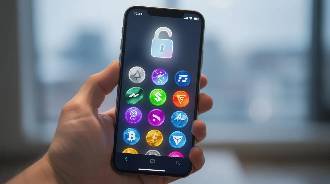 The image depicts a smartphone screen displaying a cryptocurrency wallet app, featuring various coin icons and a secure lock symbol, highlighting the app's focus on security for digital payments and mobile money services. This interface allows users to manage their mobile wallets efficiently, facilitating transactions like sending money and bill payments.