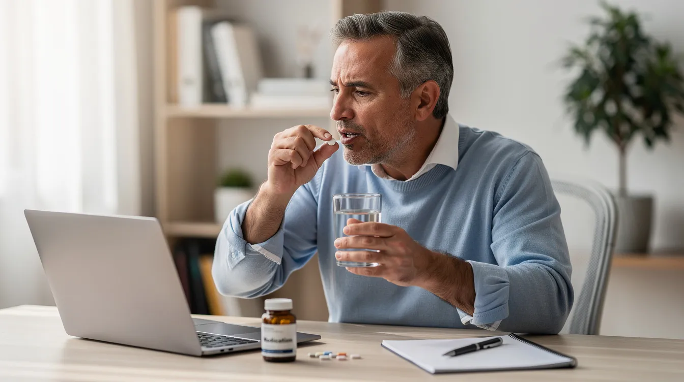 A man is seated at a desk, taking a weight loss medication in capsule form with a glass of water, indicating a focus on healthy eating and chronic weight management. The scene reflects a moment of personal commitment to a healthy diet and weight loss journey.