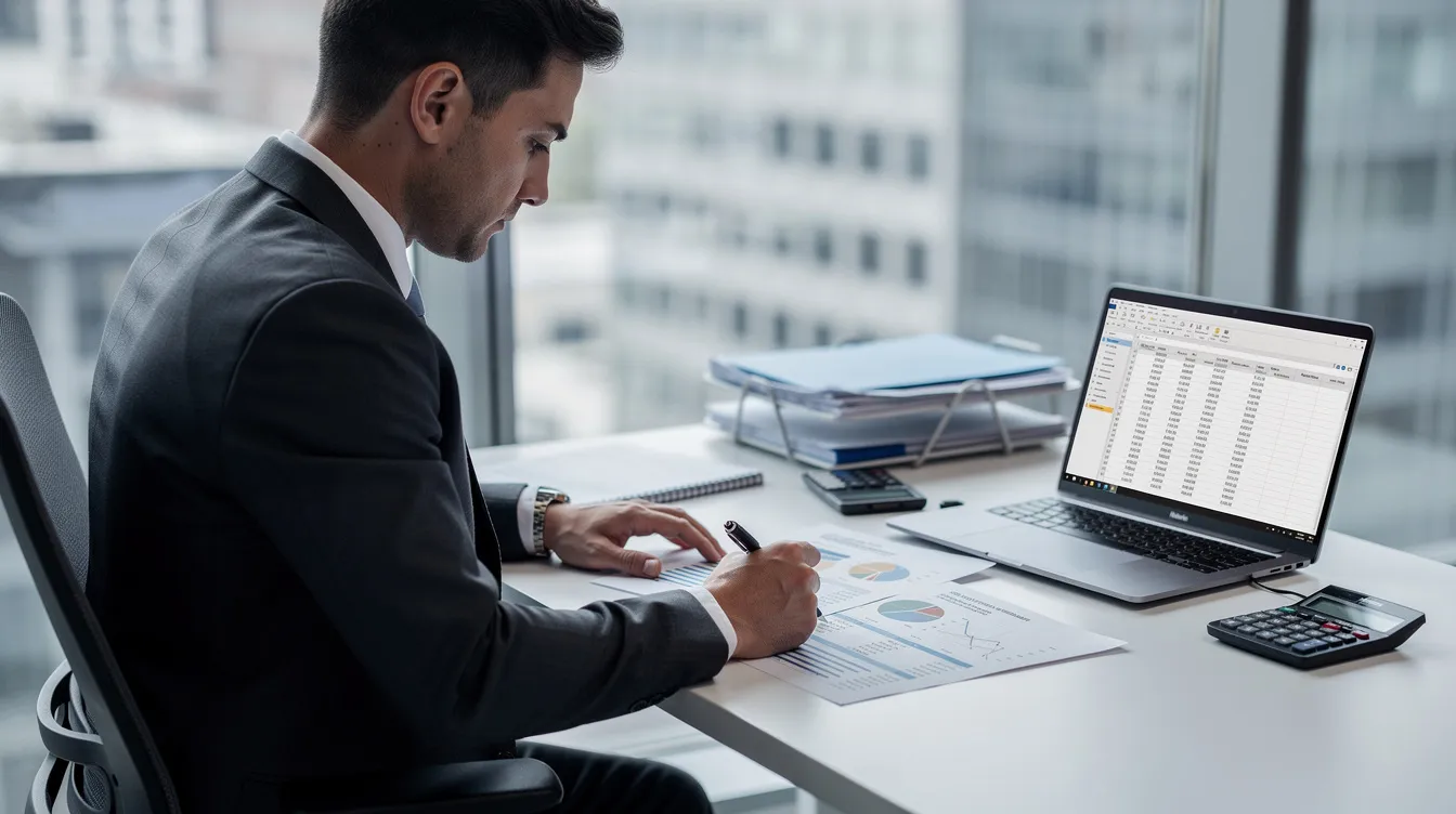 A professional, likely in a 公務員 職位, is meticulously reviewing financial documents at a tidy office desk, with a laptop open, suggesting a focus on organized work in preparation for 2026. The scene conveys a sense of diligence and attention to detail in a formal setting.