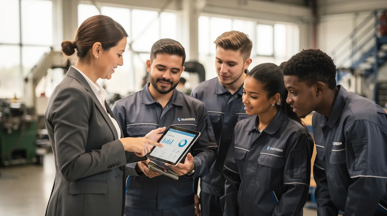 A training coordinator assists apprentices by using a tablet to manage apprenticeship programs, track progress, and ensure accurate records of training hours. This digital solution facilitates real-time updates and provides easy access to apprenticeship hours and achievements.