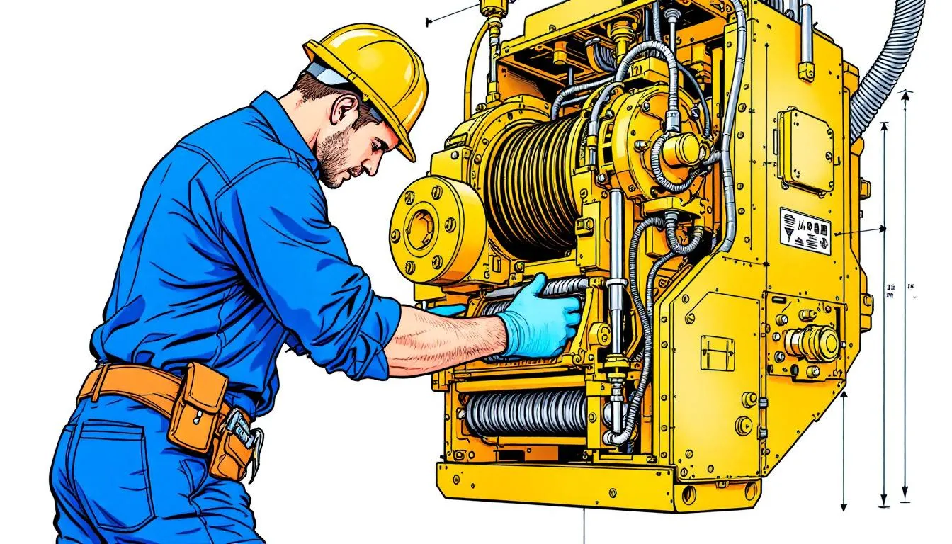 A technician performing maintenance on a hydraulic winch.