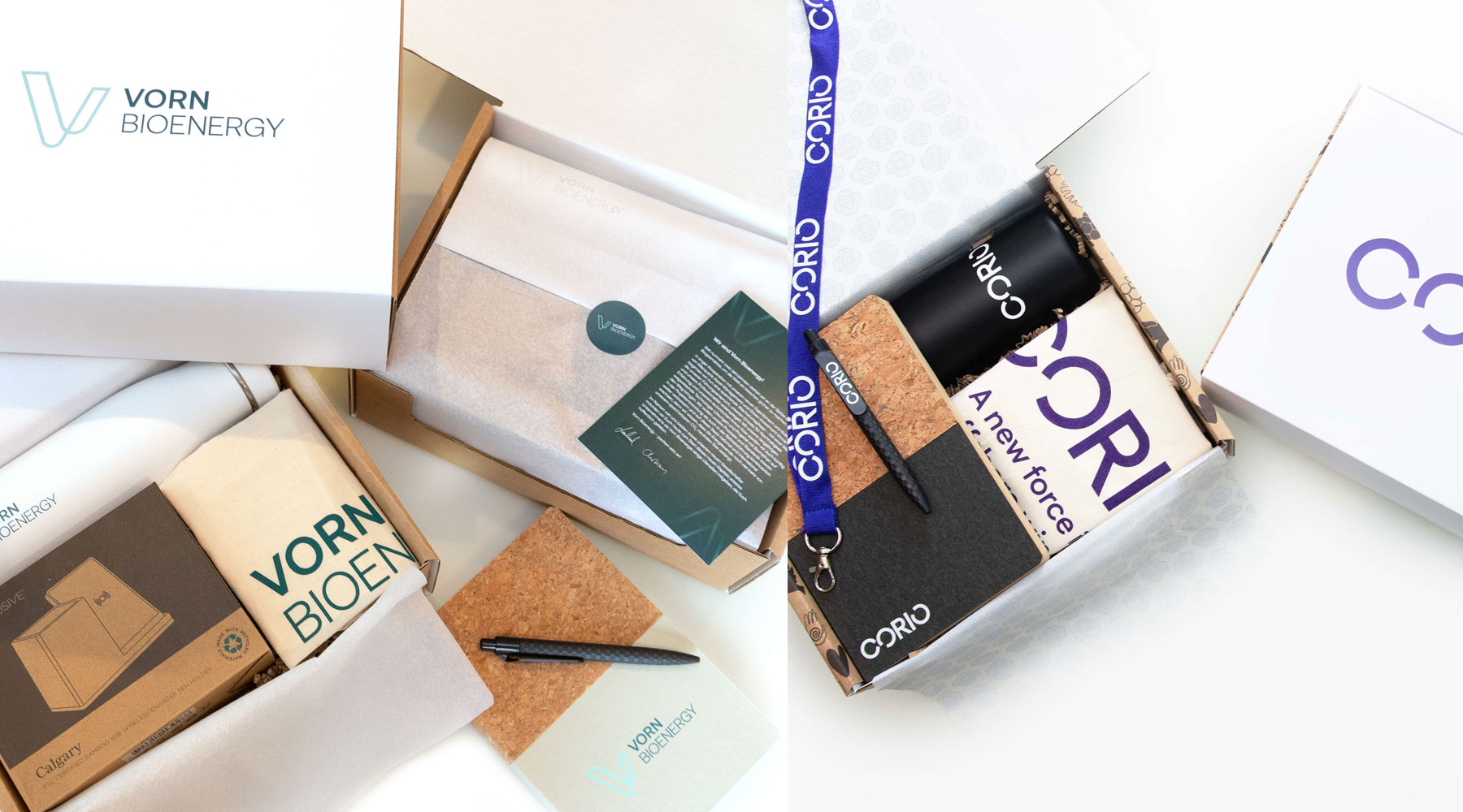 Sustainable corporate gift boxes with a selection of personalised stationery and lifestyle items