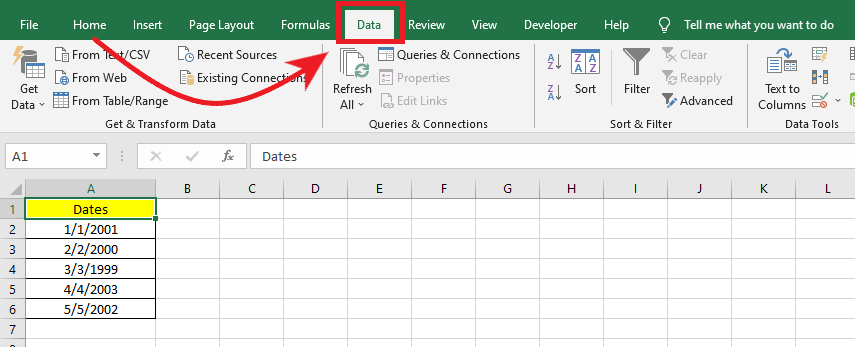 In the Excel ribbon go to Data tab.