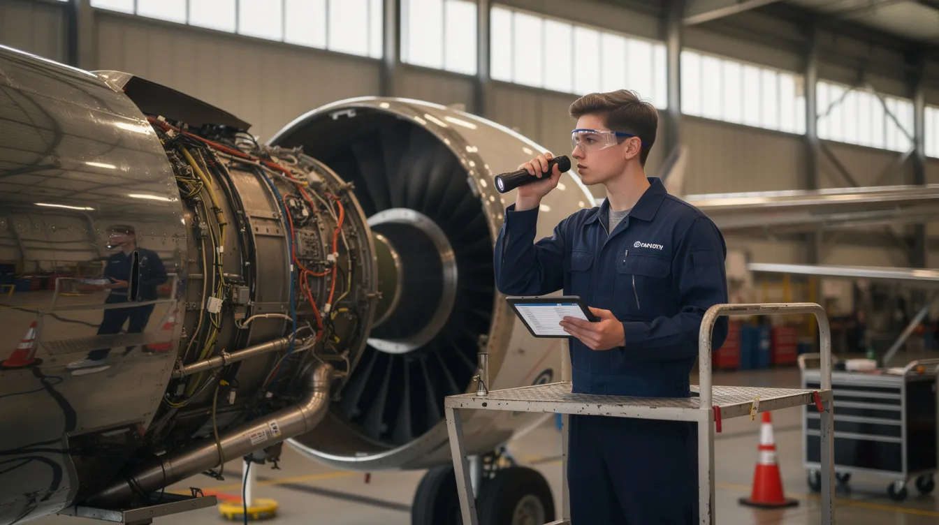 A student mechanic is inspecting an aircraft engine inside a hangar, showcasing the hands-on training essential for aviation maintenance technicians. This practical experience is part of their program at a community college, preparing them for FAA Part 147 certification in airframe and powerplant systems.