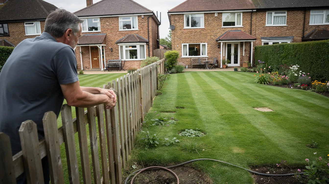 In this image, a neighbor stands by the fence, comparing their own lot's lawn to the other fellow's yard on the other side. This scene captures the common human quality of perceiving that "the grass is always greener" in someone else's field, highlighting the desire for a more satisfying life.