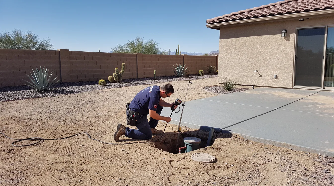 The image shows a professional plumber in a residential backyard in the Phoenix desert, carefully locating a buried sewer cleanout cap near a concrete patio. This scene highlights the importance of addressing sewer line issues, such as slow drains and potential sewer line damage, to maintain an effective plumbing system.