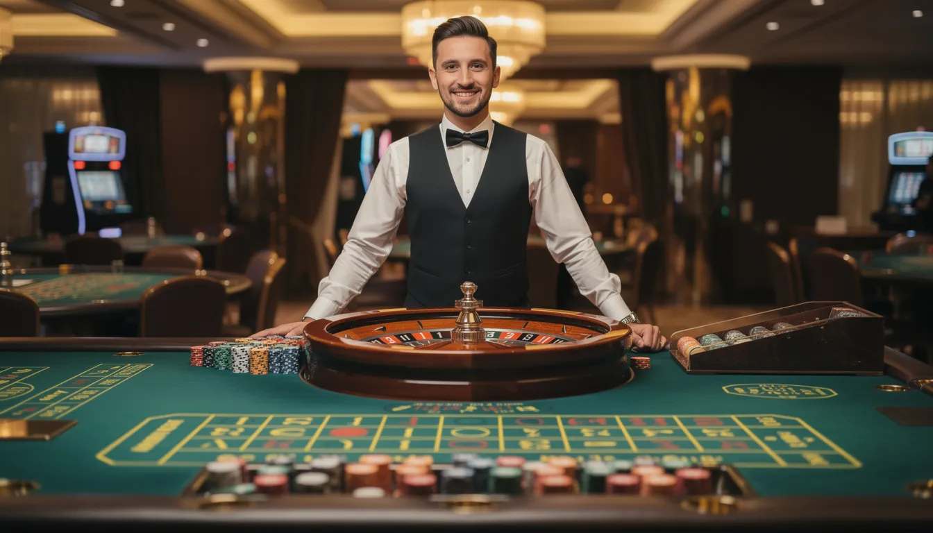 En professionell casinodealer står vid ett roulettbord med grön filt, redo att hjälpa spelare i det livliga casinot. Rummets atmosfär är spännande och fylls av ljudet av snurrande hjul och glädje från spelare som hoppas på 100 free spins.