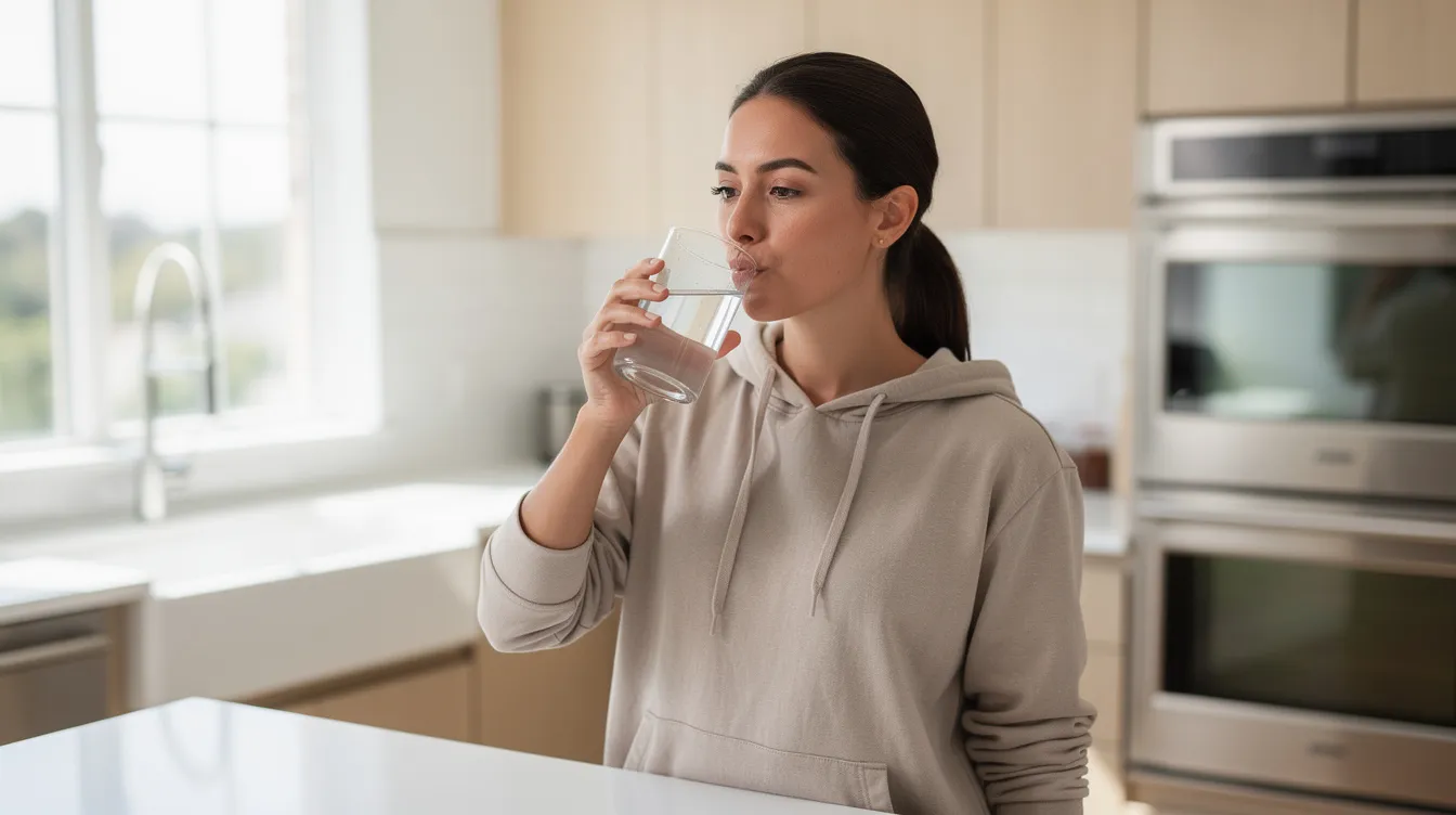 Une femme se tient dans une cuisine lumineuse, en train de boire un verre d'eau, symbolisant l'importance de l'hydratation pour prévenir les infections urinaires et maintenir un équilibre sain du système urinaire. Le cadre lumineux et accueillant de la cuisine reflète une atmosphère de bien-être et de santé.