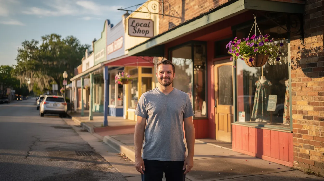A small business owner stands proudly outside their local shop in a charming Louisiana town, showcasing their entrepreneurial spirit. This self-employed individual likely navigates various challenges, including social security disability insurance and business expenses, while contributing to the local economy.