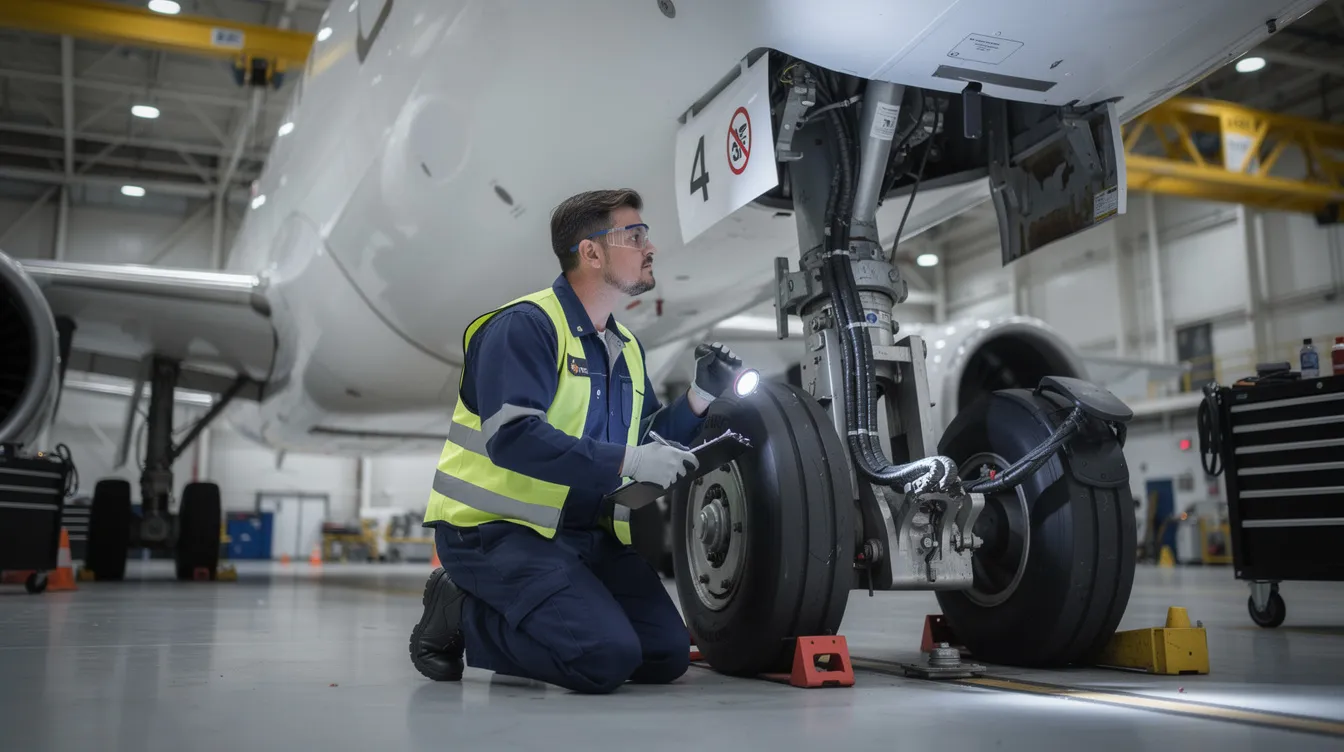 An aircraft mechanic is closely inspecting the landing gear of an airplane inside a maintenance hangar, showcasing the hands-on work involved in aviation maintenance. This scene highlights the importance of job training and apprenticeship programs in preparing technicians for careers in aircraft maintenance.