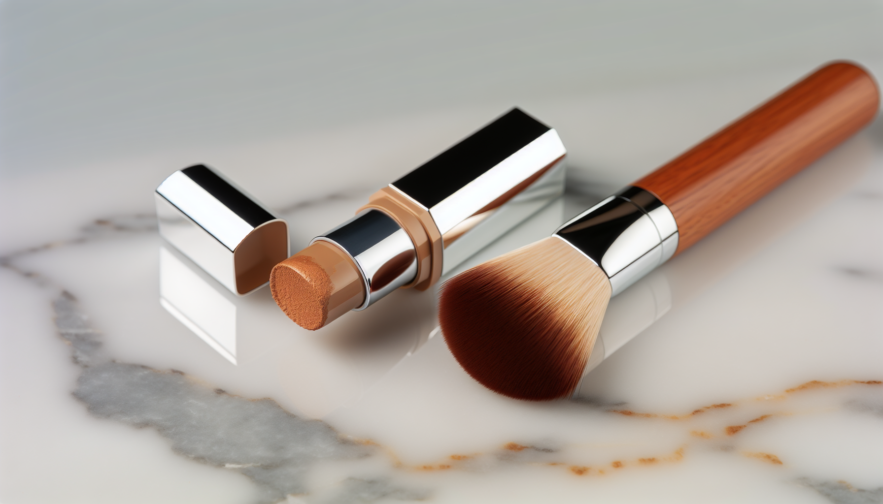 A bronzing stick and a makeup brush on a light-toned surface