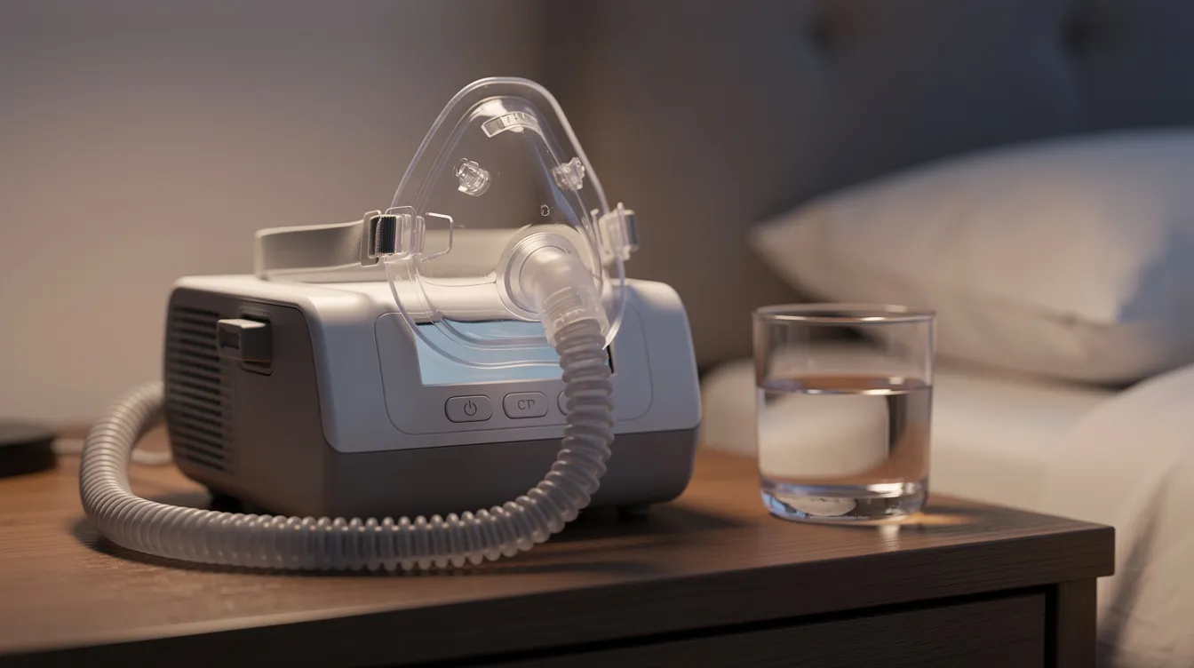 A CPAP machine with a mask sits on a bedside table beside a glass of water, symbolizing the management of sleep disorders such as obstructive sleep apnea. This setup highlights the importance of good sleep hygiene and the use of continuous positive airway pressure therapy for better sleep health.
