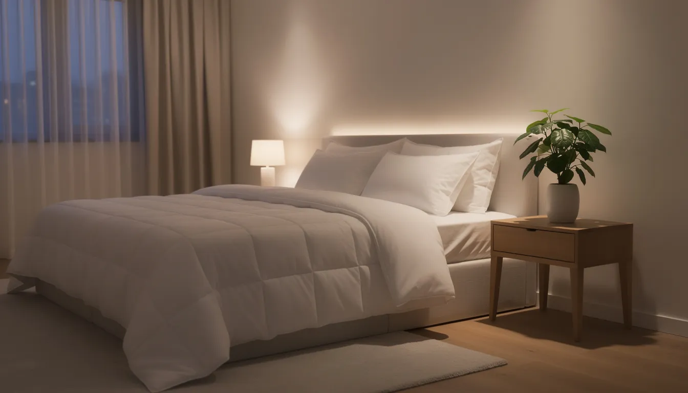 A serene bedroom features soft warm lighting, crisp white bedding, and a small plant on the nightstand, creating a calming atmosphere conducive to better sleep and relaxation. This tranquil setting encourages healthy sleep habits and can help improve sleep quality for those struggling with insomnia or sleep disorders.