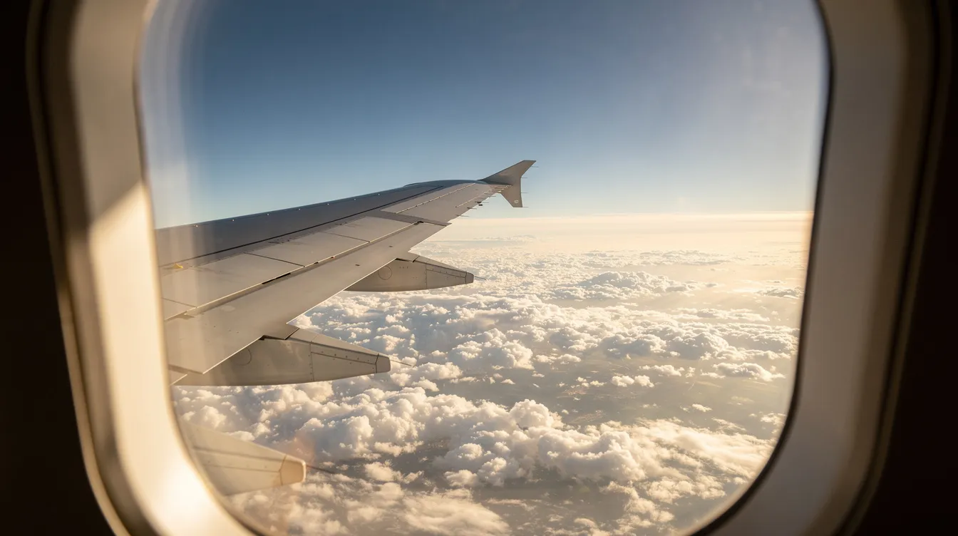 An airplane wing is visible from a window seat, with bright sunlit clouds stretching out below, creating a serene view of the sky during a journey. This image captures the essence of flying, perfect for students looking to explore the world with great value British Airways offers and rewards.