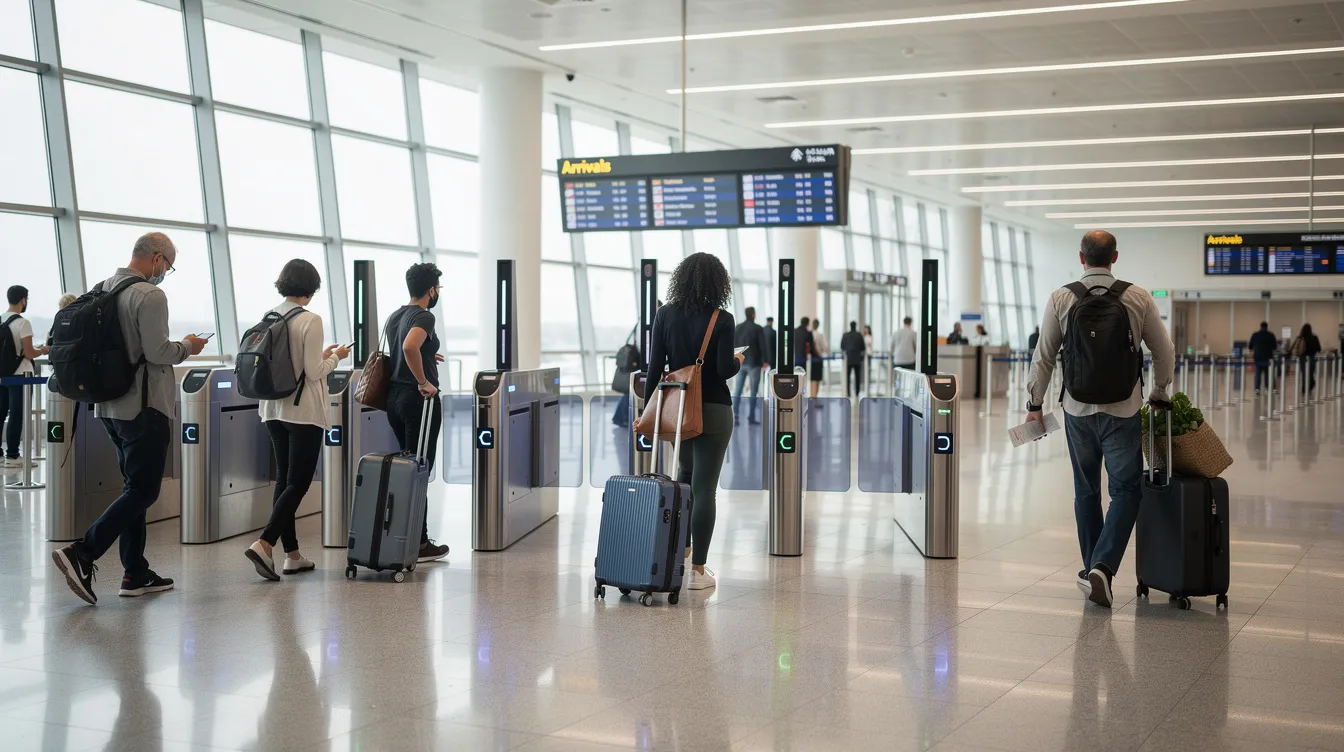 The image depicts a modern airport arrivals hall bustling with travelers walking through automatic gates, each carrying luggage and looking for their loved ones or transportation. This scene represents the excitement of entering a new country, such as Spain, where proper documentation like a visa application form may be required for international visitors.