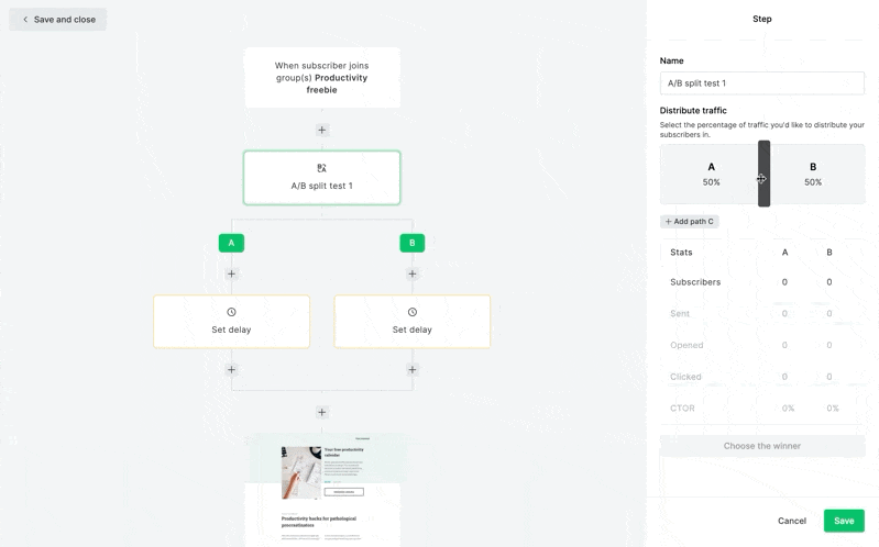 mailierlite a/b testing with social media links and landing page