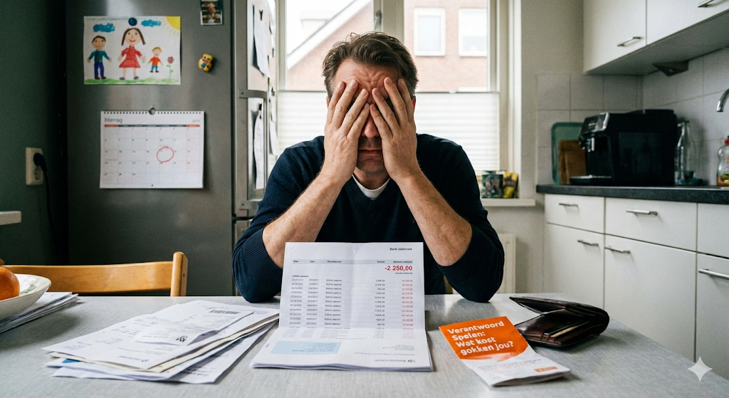 Verantwoord spelen en de kost van gokken – man kijkt bezorgd naar rekeningen na verlies bij online wedden, met verwijzing naar limieten, hulp en alleen spelen als je 24 jaar of ouder bent.