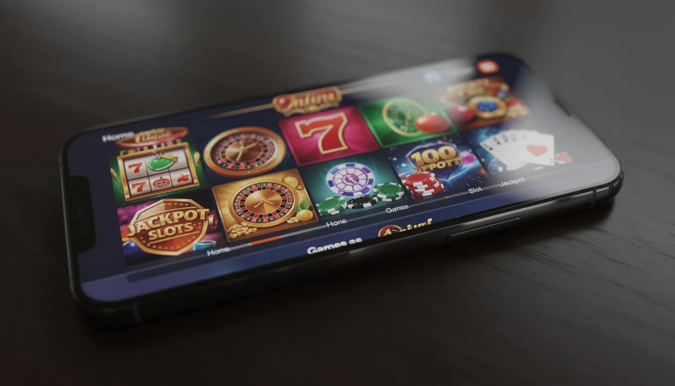 En smartphone visar ett färgglatt casinogränssnitt med olika spelikoner, vilket ger en känsla av spänning och underhållning för svenska spelare. Gränssnittet inkluderar alternativ för att logga in och information om bonusar, inklusive dunder casino bonus och free spins.