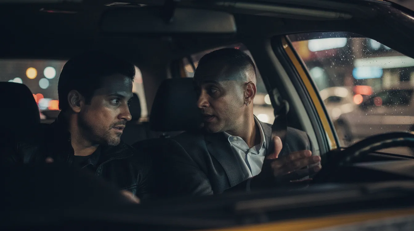 Das schwach beleuchtete Taxi-Interieur zeigt zwei Männer, die intensiv im Gespräch sind, während das Licht durch die Seitenscheibe fällt. Diese Szene erinnert an die dramatischen Momente in "On the Waterfront", wo Themen wie Arbeit und Schuldgefühle im Mittelpunkt stehen.