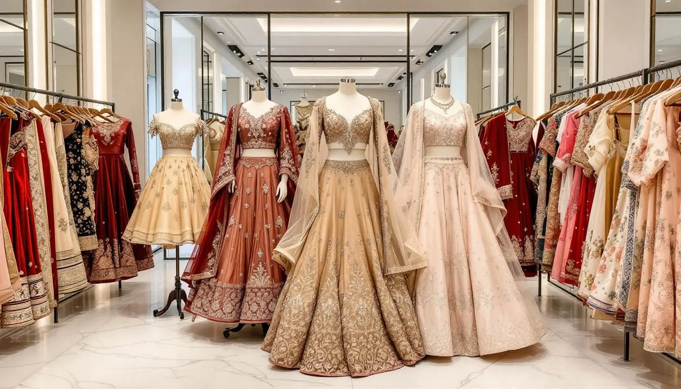 The image showcases an elegant collection of lehenga cholis displayed in a boutique, featuring rich fabrics like silk and velvet adorned with intricate embroideries and mirror work. The vibrant colors and stylish designs cater to various body types, making these bridal lehengas perfect for special occasions like weddings and festivals.
