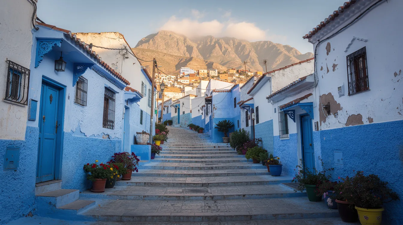 The image showcases traditional blue-painted buildings in Chefchaouen, nestled against the stunning backdrop of the Atlas Mountains. This picturesque scene reflects the local culture and is a popular destination for trekking in Morocco, offering a unique blend of vibrant architecture and natural beauty.