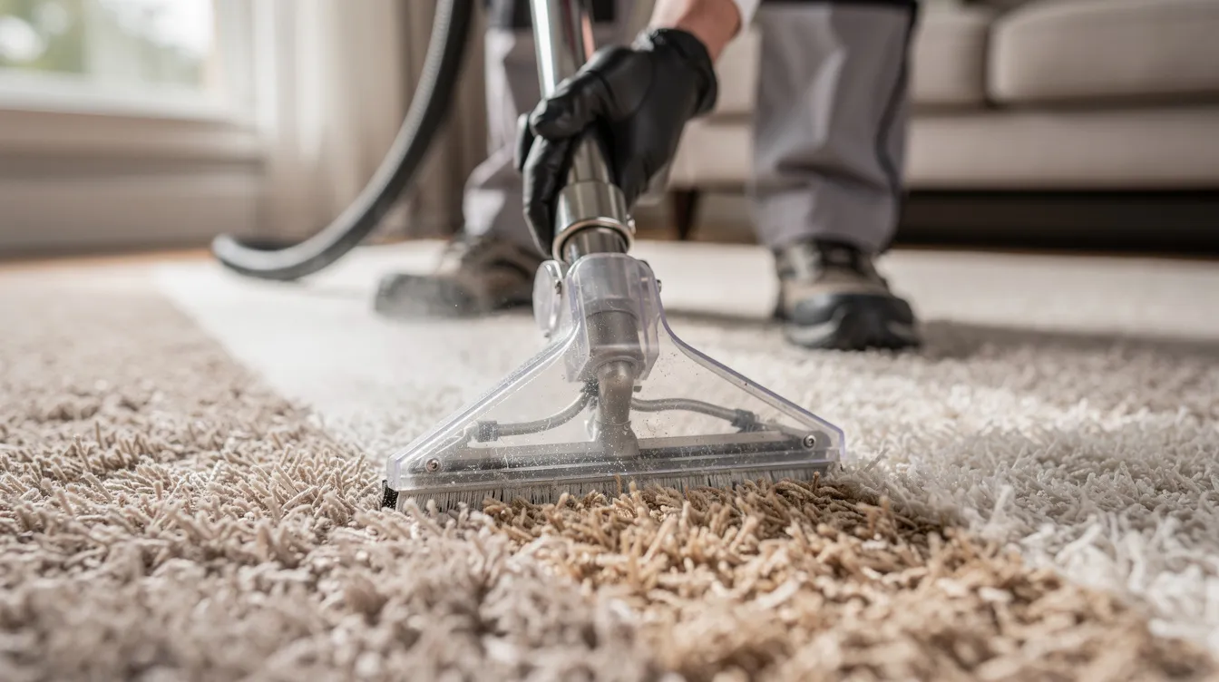 A professional technician is using a carpet cleaning wand on a beige household carpet, showcasing the cleaning process with a focus on removing deeply embedded dirt and tough stains. This professional carpet cleaning method highlights the effectiveness of steam cleaning and the use of specialized cleaning solutions to refresh the carpet fibers.