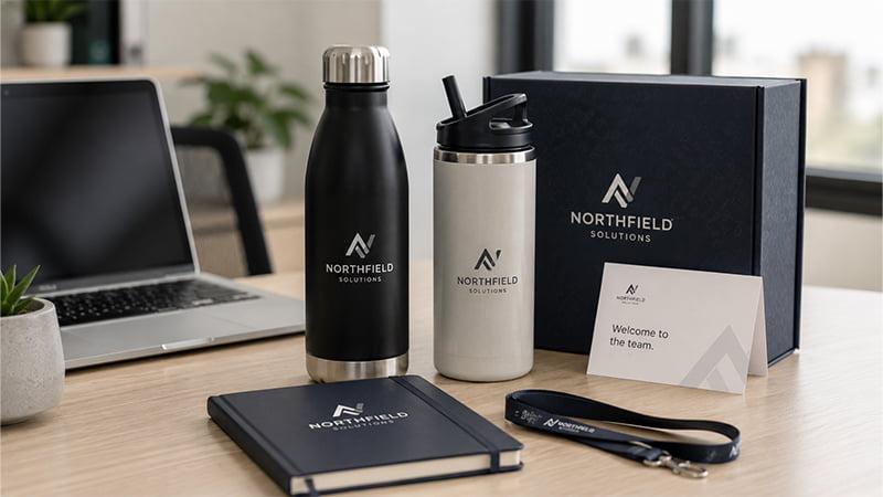 Employee welcome kit with branded water bottles, notebook, lanyard, insert card, and gift box