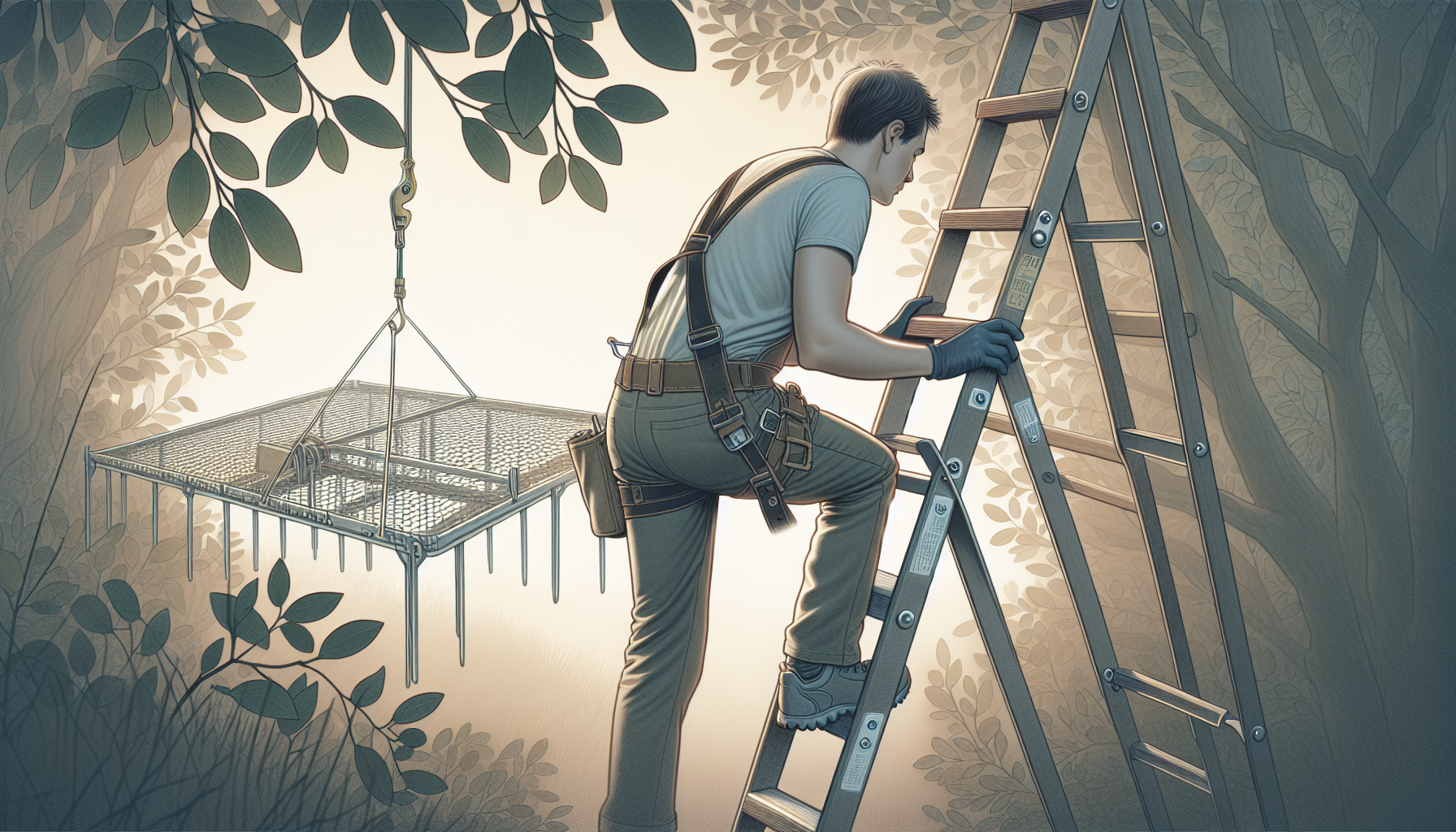 Ladder safety in wildlife trapping, highlighting essential safety precautions.