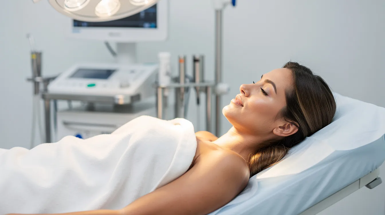 A close-up image shows a relaxed patient lying comfortably in a clean, modern outpatient surgical suite, ready for lower eyelid surgery under local anesthesia. The serene environment indicates a focus on patient comfort and safety during the surgical procedure.