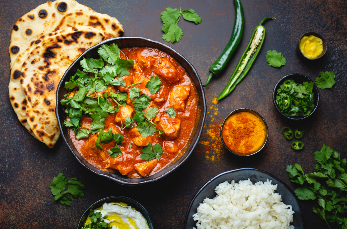 View overlooking curry bowl, naan bread and veg