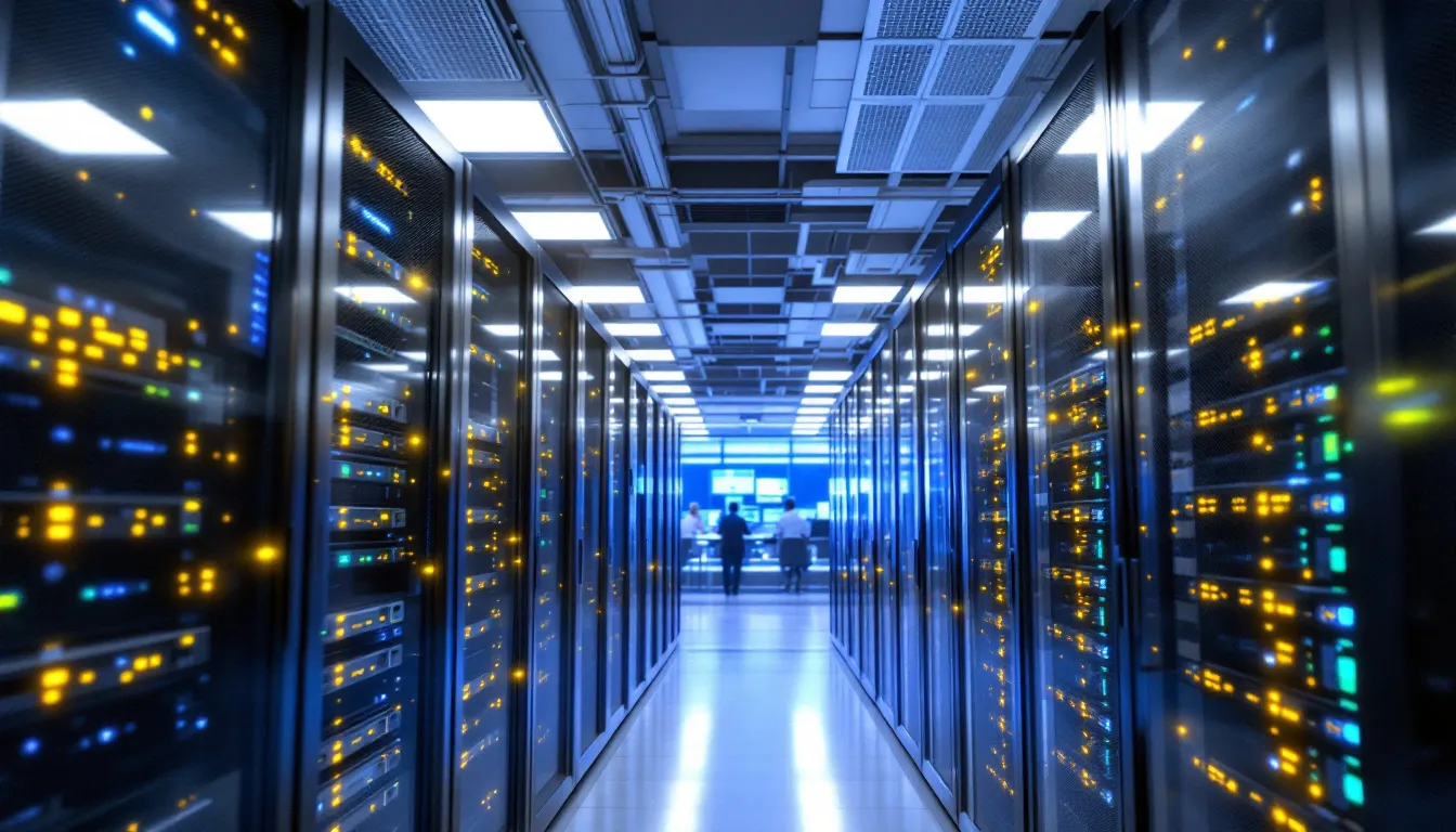 A modern data center filled with rows of servers and networking equipment showcases a robust cloud data integration infrastructure, essential for automated data integration and seamless data extraction. This environment supports complex data workflows and data pipelines, highlighting the importance of data management in today's data-driven organizations.