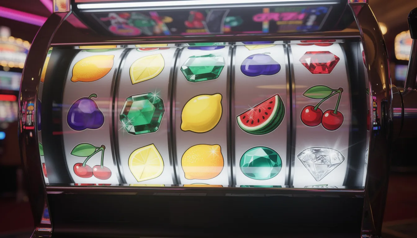 En färgglad spelautomat med snurrande hjul som visar frukter och ädelstenar, vilket skapar en livlig atmosfär. Denna typ av spel finns hos Luna Casino, där spelare kan njuta av ett brett utbud av slots dygnet runt.