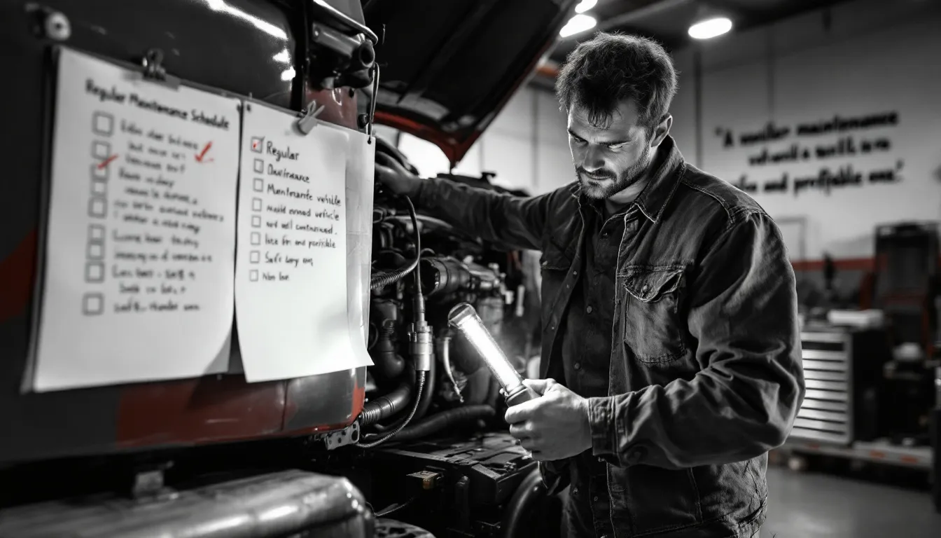 An owner-operator inspecting the maintenance of their truck to minimize operating costs.