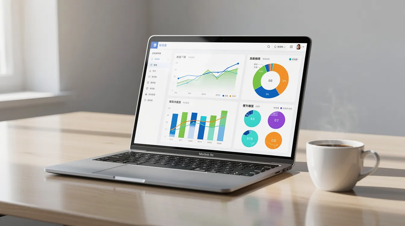 A modern laptop displays vibrant business charts and graphs, showcasing data visualization tools for presenting key performance indicators. Nearby, a coffee cup adds a touch of warmth to the workspace, emphasizing the interactive nature of these visuals for deeper insights into complex data.